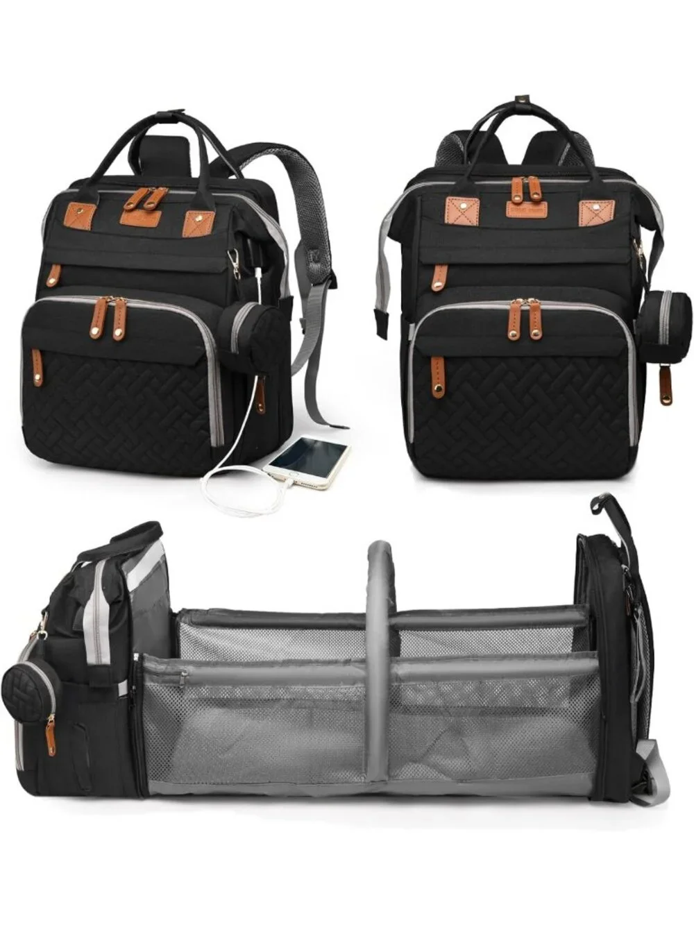 Stylish Waterproof Diaper Bag Backpack with Changing Station & USB Port, Large